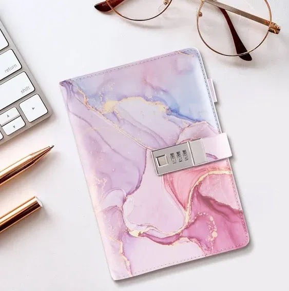 Marble Diary with Lock for Girls and Women, A5 Leather Locked Journal for Teen Girls, Secret Cute Password Lock Notebooks with Pen Holder for Travel Diary Office Notepad