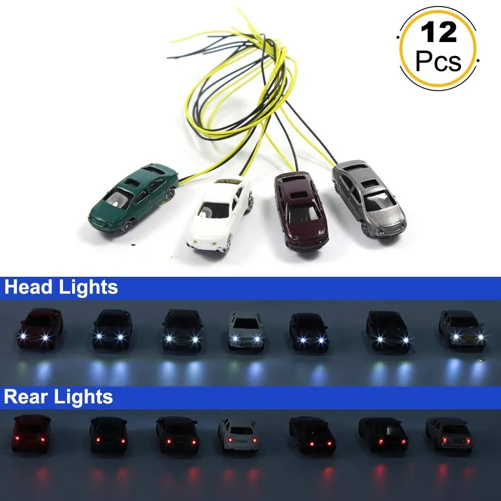 EC150 12pcs 1:150 N Scale Model Lighted Cars (Color Random) with 12V LEDs for Building Layout New