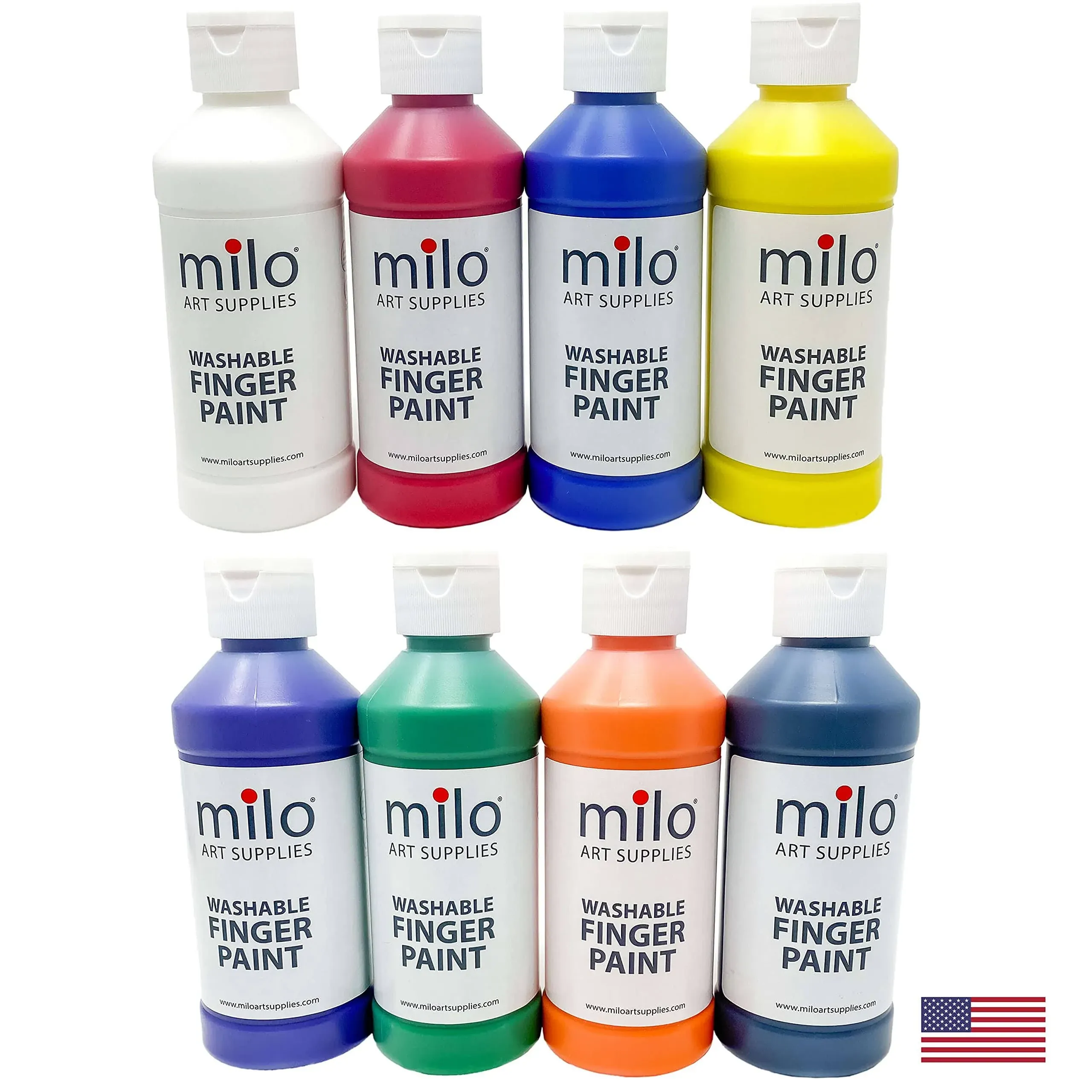 milo Kid's Washable Finger Paint Set of 8 Colors | 8 oz Bottles | Safe and Non-Toxic | Made in the USA | Art & Craft Paints for Kids, Toddlers, Pre School Supplies Painting Set for Children | Easy Pour and Squeeze Bottles