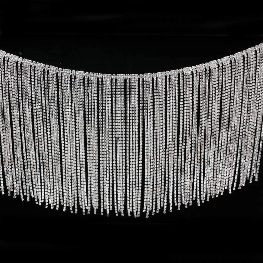 Jerler Rhinestone Tassel Fringe Trim Crystal Close Chain Applique for Sewing Crafts Ideal Wedding Party Clothing DIY Decoration, 1 Yard 0.87"W