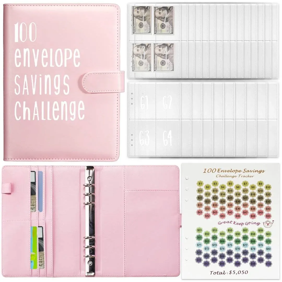 100 Envelopes Money Saving Challenge Budget Planner,Budget Binder Cash Envelopes Wallet Savings binder with Receipt Book Birthday Gifts for Women Him Her Christmas Gifts, Pink