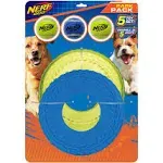 Nerf Dog 5-Piece Dog Toy Gift Set, Includes 2.5in Squeak Tennis Ball 3-Pack, 10in Translucent TPR Tire Flyer, and 10in TPR Tire Flyer, Nerf Tough Material, Green and Blue