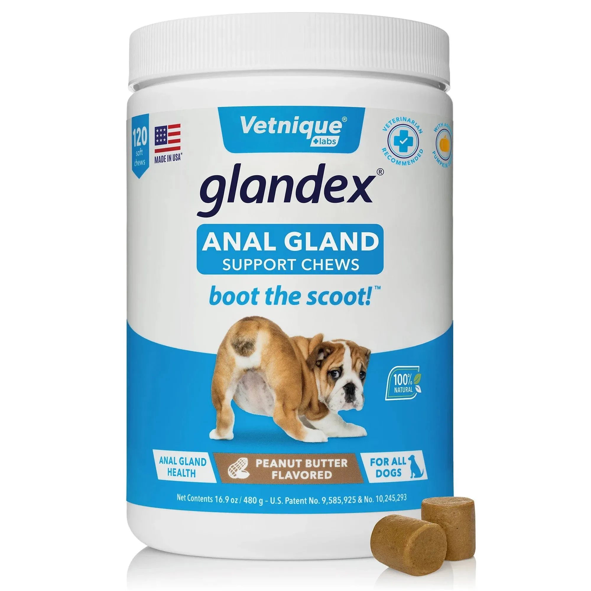 Vetnique Labs Glandex Anal Gland & Probiotic Peanut Butter Flavored Pumpkin Fiber Soft Chew Digestive Boot the Scoot Dog Supplement