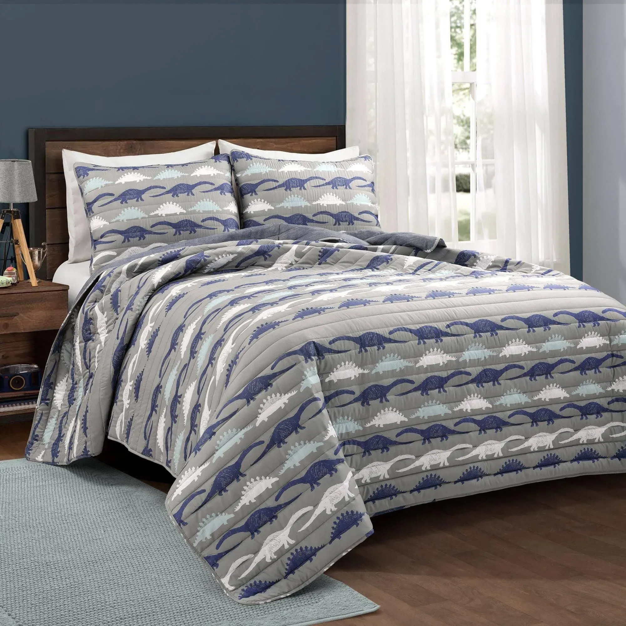 Lush Decor Stone Age Dinosaur Quilt, 2 Piece Set, Twin, Navy & Gray - Toddler Blue Reversible Kids Bedding Set