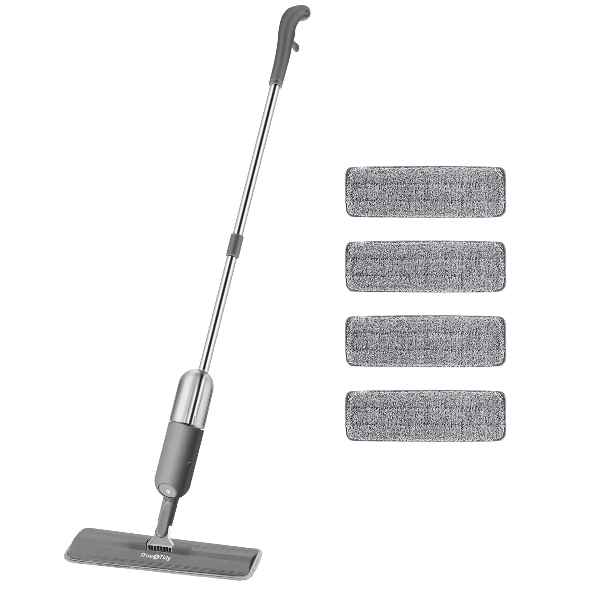 True & Tidy Spray Mop with Refillable Deluxe Set with 4 Mop Pads, Gray