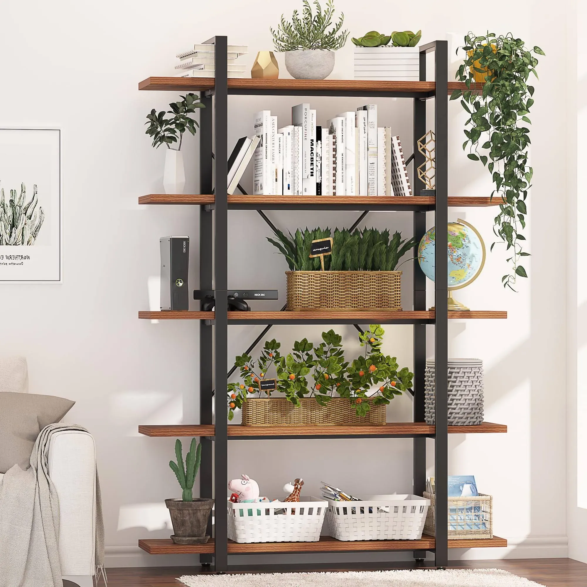 BATHWA Wood and Metal Minimalist 5 Tier Bookshelf, 6 Feet Tall Open Rustic Wide Bookcase Industrial Style, Modern Wooden Big Book Shelf for Home