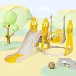 4-in-1 Toddler Slide and Swing Set with Extra Large Playground, Basketball Hoop & Climber, Indoor/Outdoor Playset, Taxi Collection – Yellow