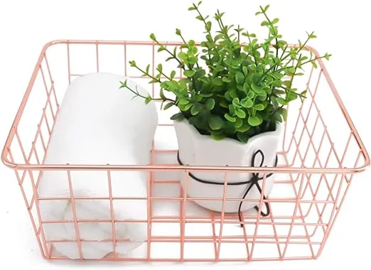 Metal Wire Storage Basket with Handles for Kitchen Food Pantry Papers Home Office Desk Basket Bathroom Laundry Room Basket Bedroom Bed Room, Rose Gold