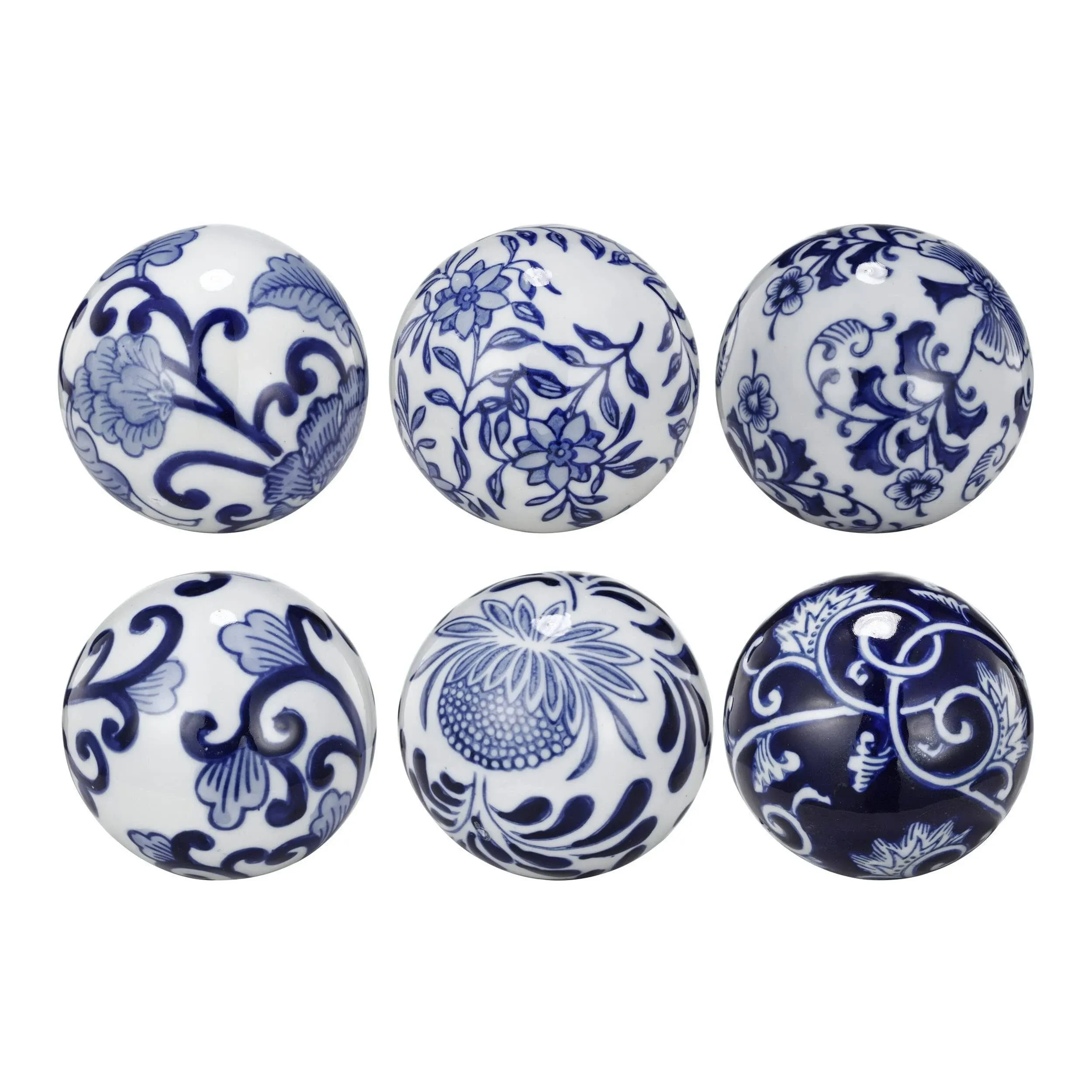 4 inch Decorative Ball Set of 6 Orbs, Blue and White Printed Porcelain