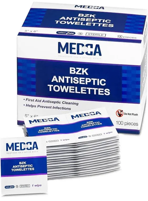 Hand Wipes – (Pack of 100) Benzalkonium Chloride Swabs Individual BZK Single-Use Packets by MEDca