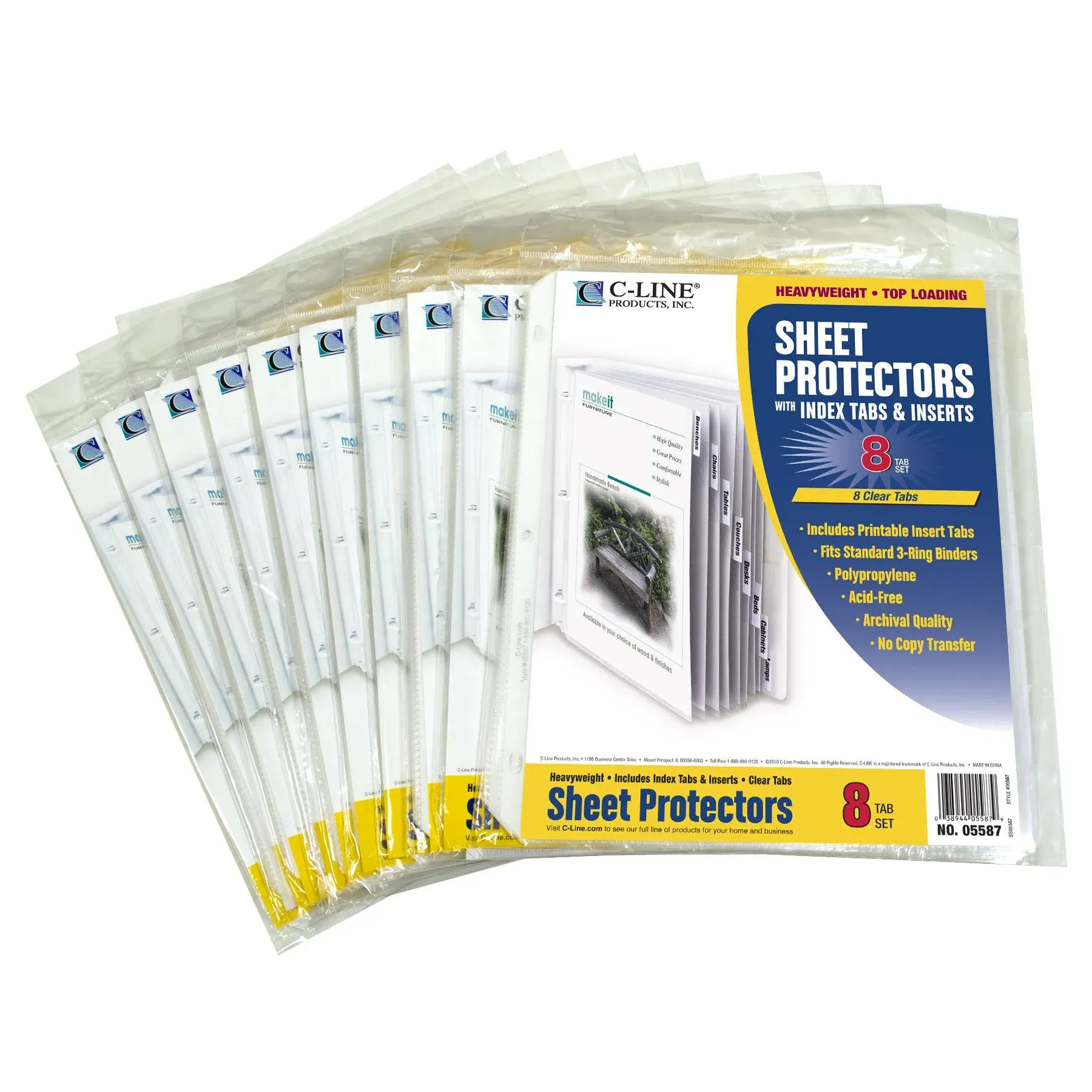 C-Line Polypropylene Sheet Protector with Index Tabs, Clear Tabs, 11 x 8.5 Inches, Ten 8-Tab Sets (05587-10)