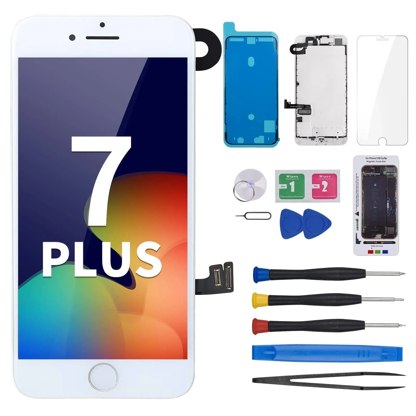 for iPhone 7 Plus Screen Replacement with Home Button 5.5" White 7Plus LCD Display Digitizer Full Assembly Fix Kits with Front Camera Flex Earpiece Speaker Sensor Repair Tool A1661 A1784 A1785