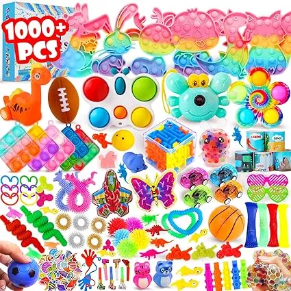 DKZ 1000pcs Fidget Toys Pack Bulk Party Favors for Kids Stocking Stuffers Treasure Box Chest Birthday Party Classroom Carnival