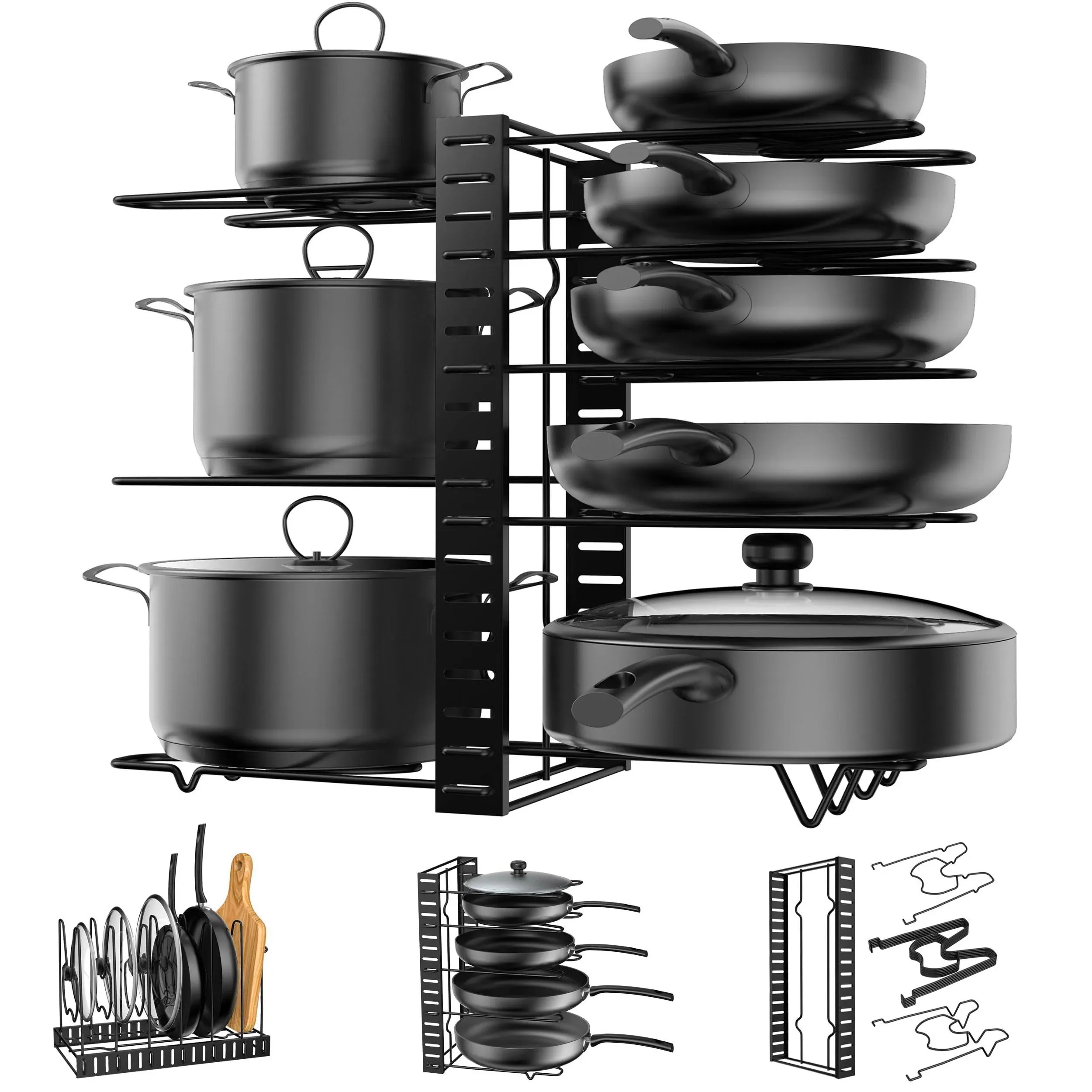 Pot Rack Organizer, 3 DIY Methods, Height and Position are Adjustable - 8 Pots Holder, Metal Kitchen Cabinet Pantry Pot Pan Lid Holder (BLACK)