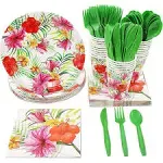 144 Piece Disposable Dinnerware Set, Tropical Themed Party Supplies, Serves 24