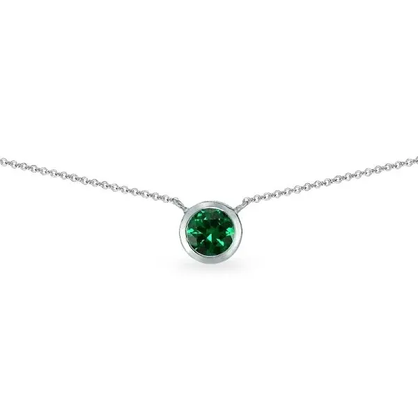 Sterling Silver Simulated Emerald 6Mm Round Bezel-Set Dainty Choker Necklace