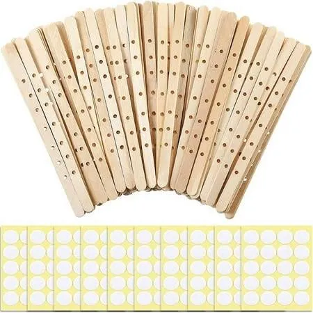 100 Pieces Wooden Candle Wick Holders and 200 Pieces Candle Wick Stickers, Candle Wick Centering Device, Candle Wick Bars for DIY Candle Making Wick