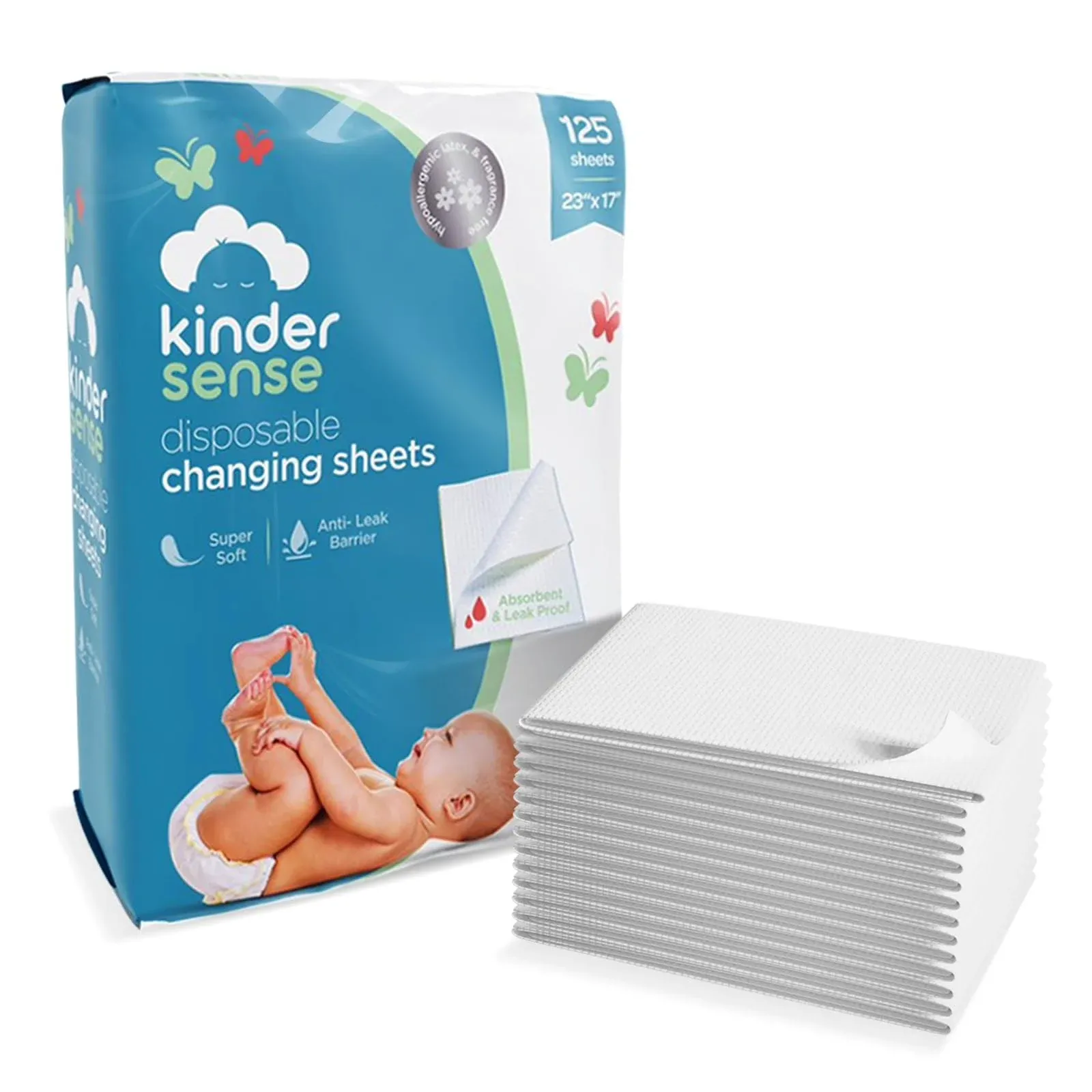 Kindersense Disposable Changing Sheets for Baby Diaper (125 Sheets) | Thin Portable Changing Pad Liners (23" x 17.5") | Paper Top Layer - Waterproof