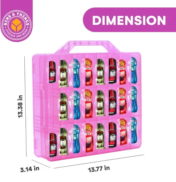 Bins & Things Toy Car Storage Organizer with 48 Compartments - Transparent Portable Car Case Storage Box for Small Items, Craft Supplies, Pills, Earrings - Ideal Organizer for Kids and Adults - Pink