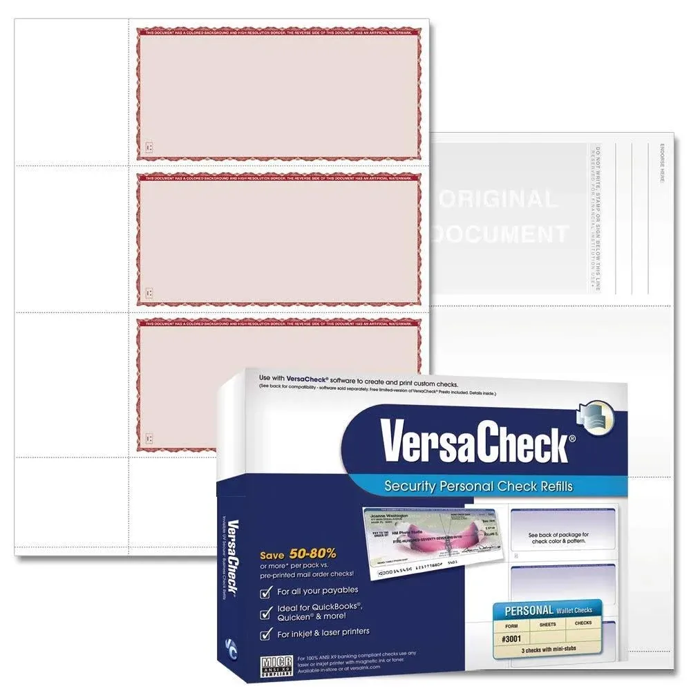 VersaCheck Security Personal Check Refills /250 Sheets Form #3001 New!!