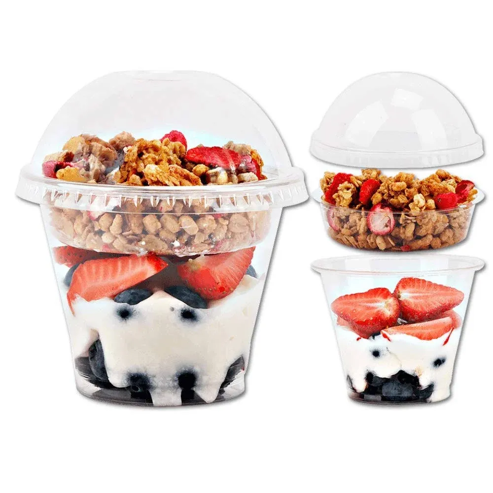 Aatriet 9 oz Clear Plastic Parfait Cups with Insert and Dome Lids No Hole - (50 Sets) Yogurt Fruit Parfait Cups for Kids, for Dips and Veggies, Take Away Breakfast and Snacks. No Leaking