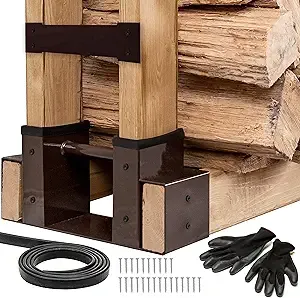 Firewood Rack Outdoor | 2x4 brackets for wood | Fireplace Log Holder | Adjustable to Any Length with Seal Strip, Gloves, Steel Plates and Screws (Dark Brown)