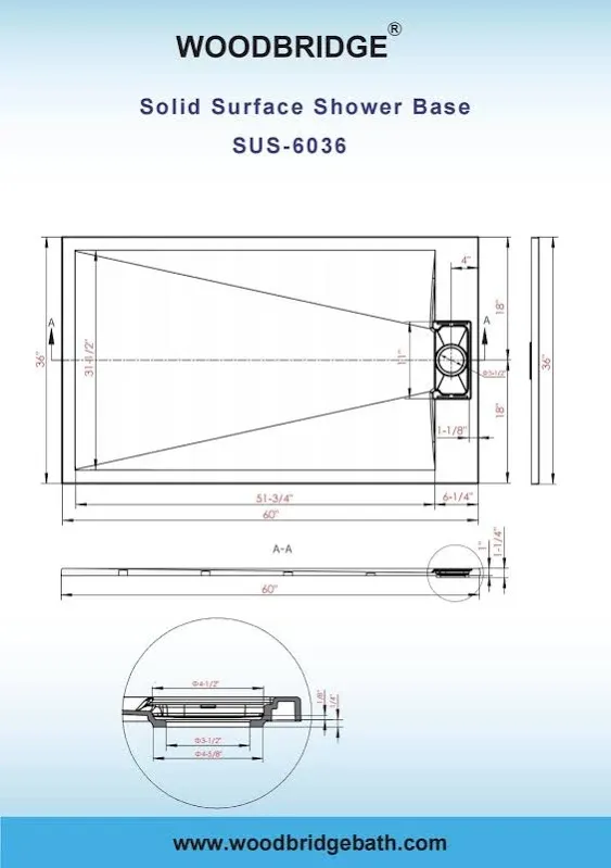 Woodbridge 60 in. L x 36 in. W Alcove Zero Threshold Shower Pan Base with Left/Right Drain in White,Low Profile,Wheel Chair Access