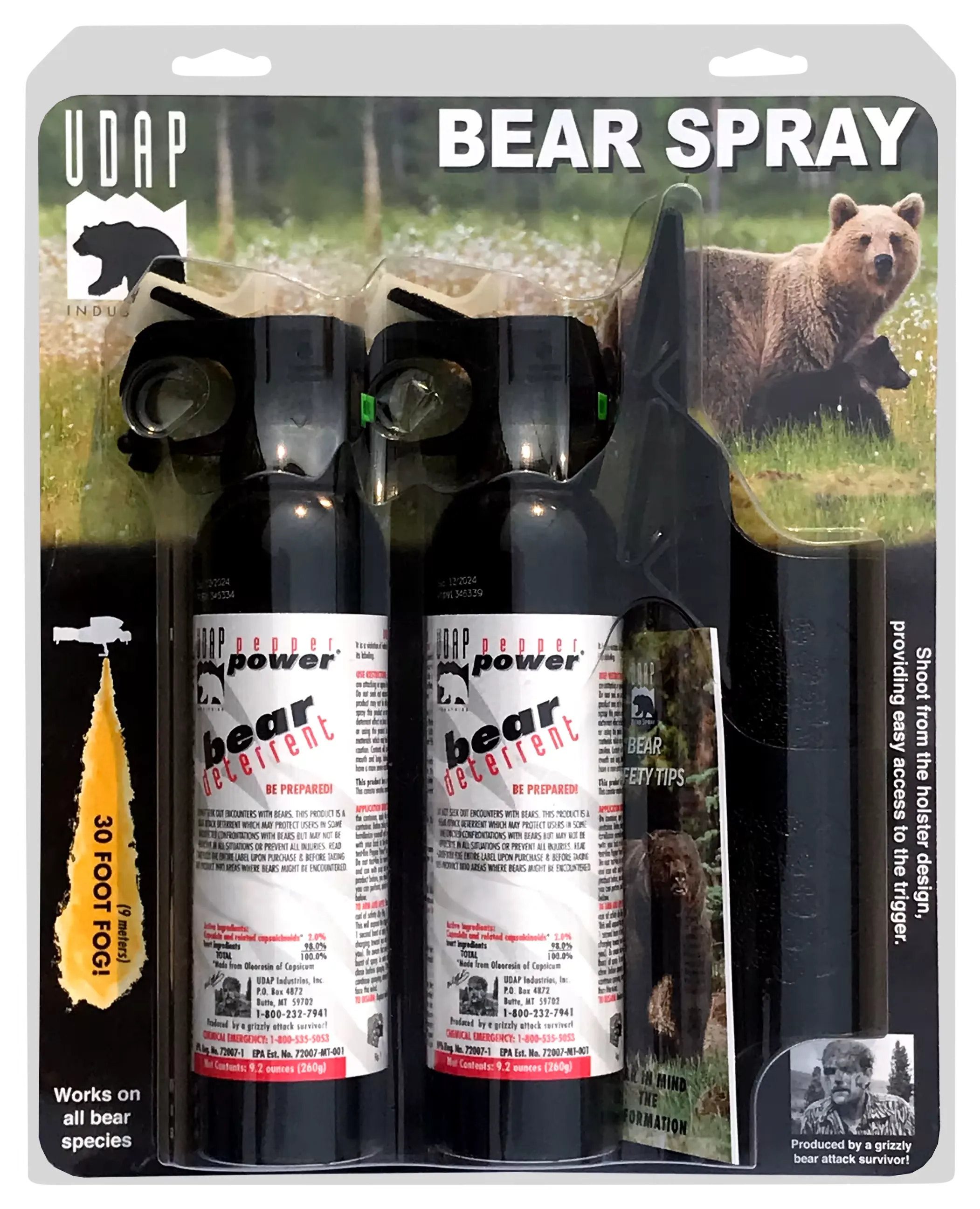 UDAP 15DCH Pepper Power Magnum Bear Spray Self Defense Deterrent with Griz Guard Holster for Camping, Hiking, Fishing, Powerful Blast Pattern, 30 ft Fog Barrier, 9.2 oz, 2 Pack