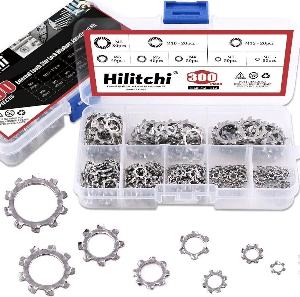 Hilitchi 300-Pcs [8-Size] 304 Stainless Steel External Tooth Star Lock Washers Assortment Set - Size Included: M2 M3 M4 M5 M6 M8 M10 M12