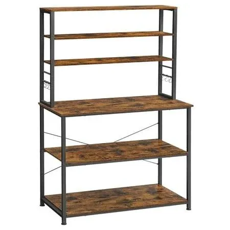 VASAGLE Coffee Bar, 39.4 Inches Baker's Rack for Kitchen with Storage, 6-Tier Kitchen Shelves with 6 Hooks, Microwave Stand, Industrial, Rustic Brown and Black UKKS039K01