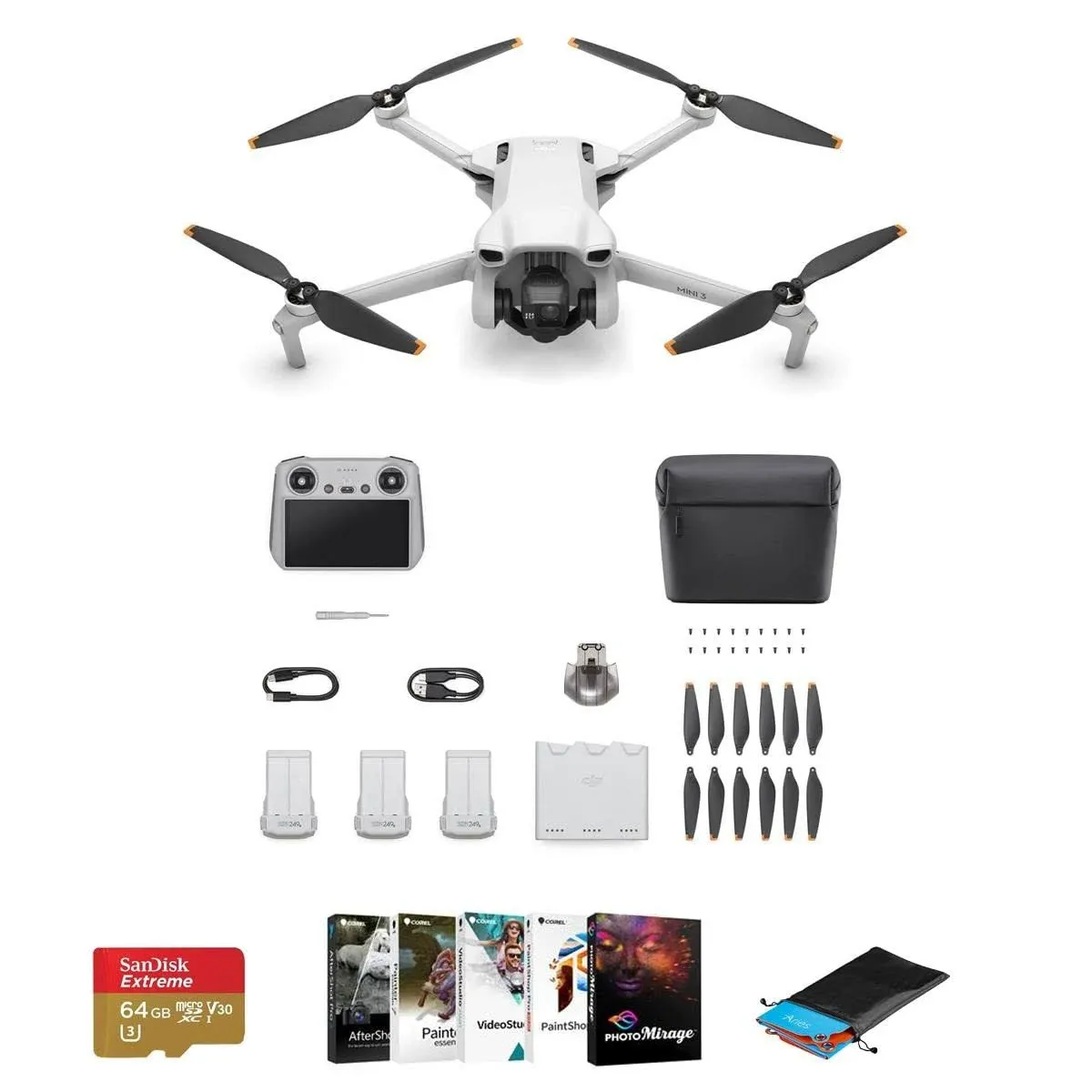 DJI Mini 3 Drone Fly More Combo with RC Remote Controller Bundle with 64gb microSD Card, Corel PC Software Kit, Foldable Landing Pad