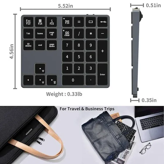 Ultra-Compact Aluminum Rechargeable Bluetooth Number Pad for Laptop:Numpad for Windows,Mac OS,Android,iOS Wireless Numeric Keypad for Work,Entertainment,and Study