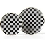 Trendables 40 Pcs Checkered Plates Set - Heavy Duty Dinnerware Sets Black and White Plastic Plates With Gold Rim 20-10" Dinner Plates & 20-8" Dessert Plates - Elegant Disposable Plates For Weddings