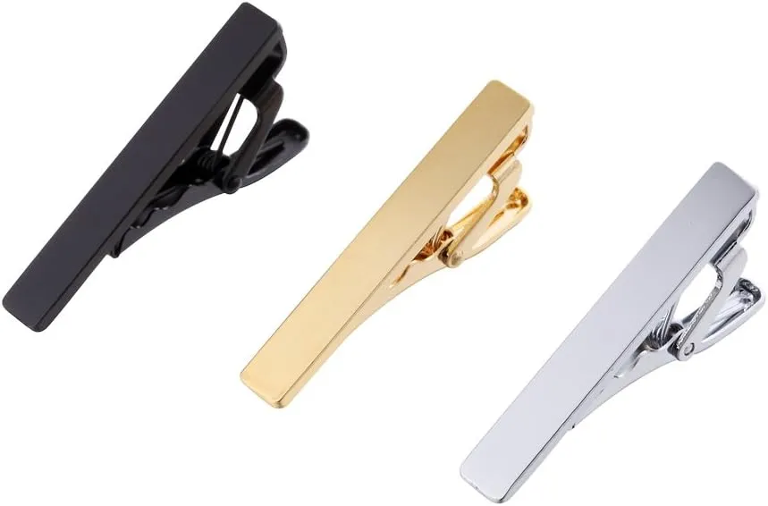 AnotherKiss Men's Skinny Tie Clip Set with Gold Silver Black 3 Tone, 1.5 Inches