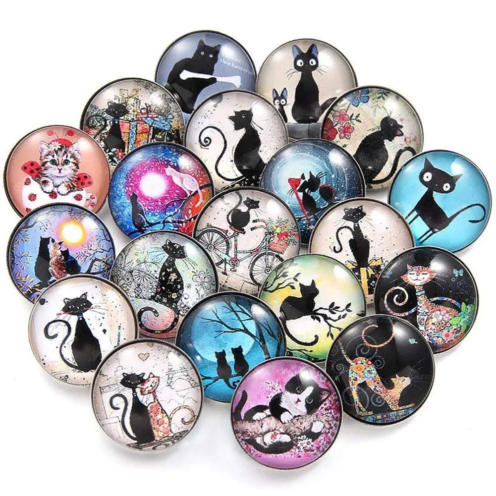 Coeufuedy 20 PCS Cat Snap Jewelry Charms 18mm Interchangeable Jewelry Snap Charms,Snap Charms for Snap Jewelry Necklace Bracelet,Glass Snap Buttons Jewelry