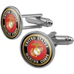 Marines USMC Emblem Black Yellow Red Officially Licensed Round Cufflink Set Silver Color