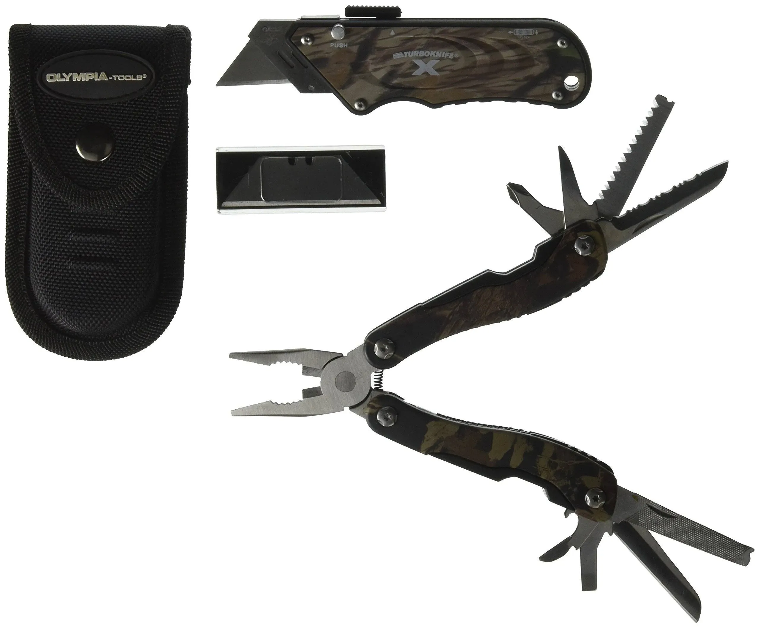 Olympia Tools Camo Turboknife X Utility Knife& Multifunction Pliers Set 33-164, Camo