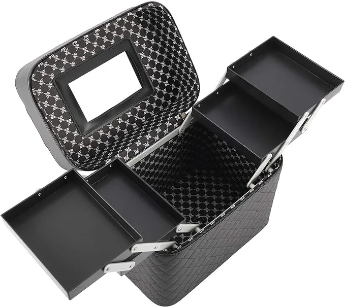 Foldable Tray Makeup Cosmetic Case with Mirror, 4 Layer Portable Toiletry Box