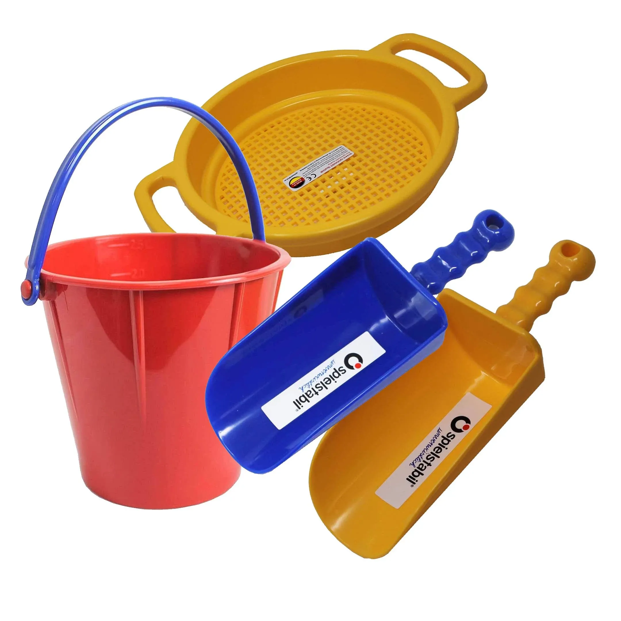 Spielstabil Toddler Sand Toys Bundle - Pail, Sieve and 2 Scoops (Colors Vary)