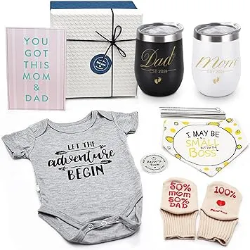 Suhctuptx Pregnancy Gifts for First Time Moms Dad, Mommy and Daddy Est 2023 Stainless Steel Wine Tumbler Set with Onesie Baby Socks Drool Bib and Decision