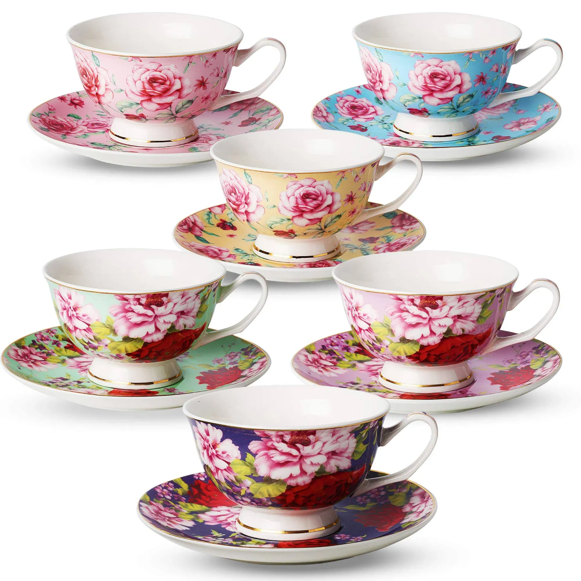 Btat- Tea Cups and Saucers Set of 6, Tea Set, Floral Tea Cups (8Oz), Tea Cups an