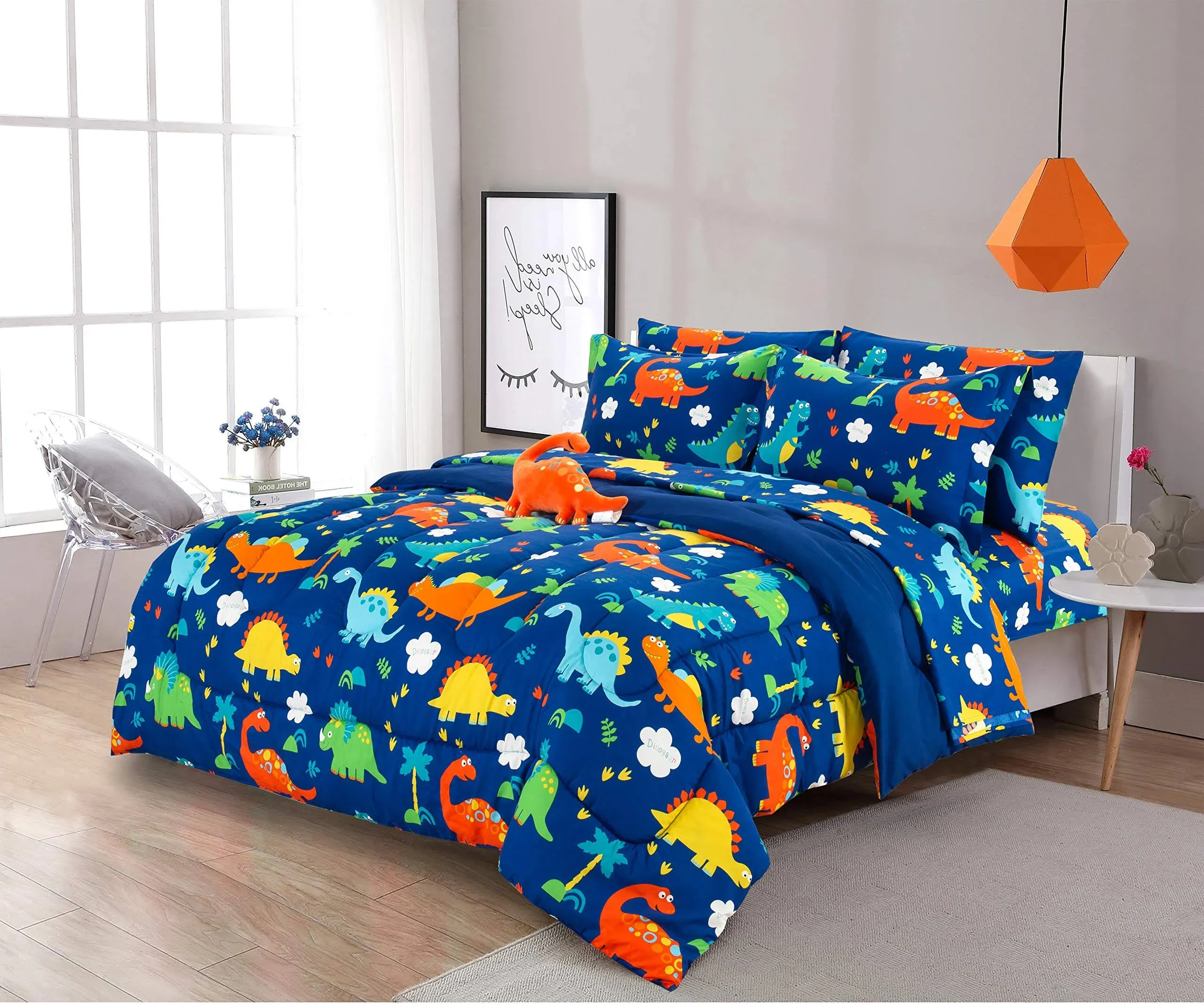 Sapphire Home 8 Piece Dinosaur Full Bedding Set for Boys, Bed in a Bag, Kids Comforter Set with Bed Sheets, Pillow Case, Toy Pillow, Toddler Bedroom Kit, Dinosaur Room Decor for Boys, Full Size