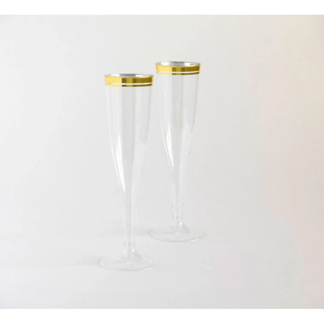 Perfect Settings 100 Pack Plastic Champagne Flutes with Gold Rim | Disposable...