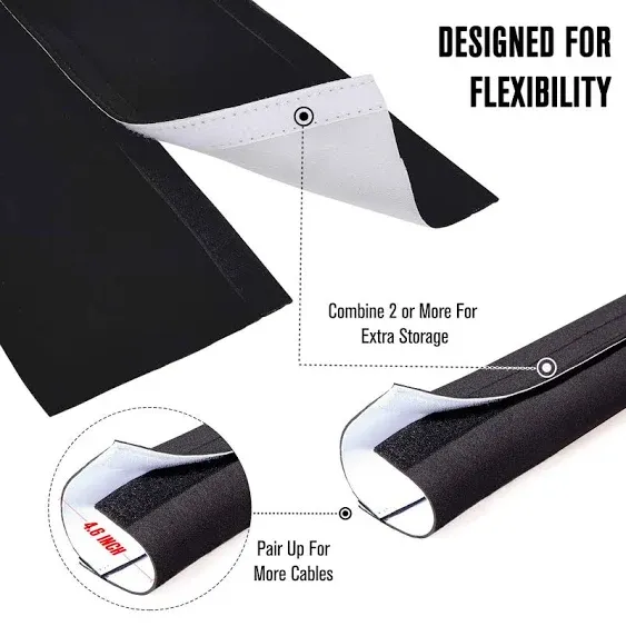 Cable Management Sleeves (12 Pack Straps Included) Neoprene Cord Organizer for TV USB PC Computer Network Wires (120 inches) DIY by Yourself, Adjustable Black and White Reversible Wire Hider