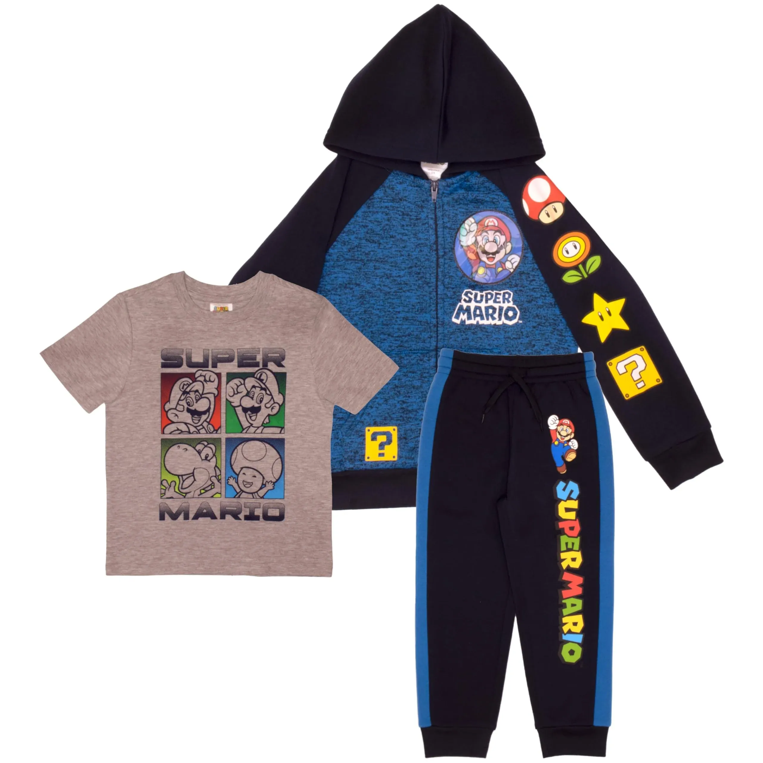 Nintendo Mario Boys Hoodie T-Shirt Sweatpants 3-Piece Set Bundle for Kids (Size 4-16)