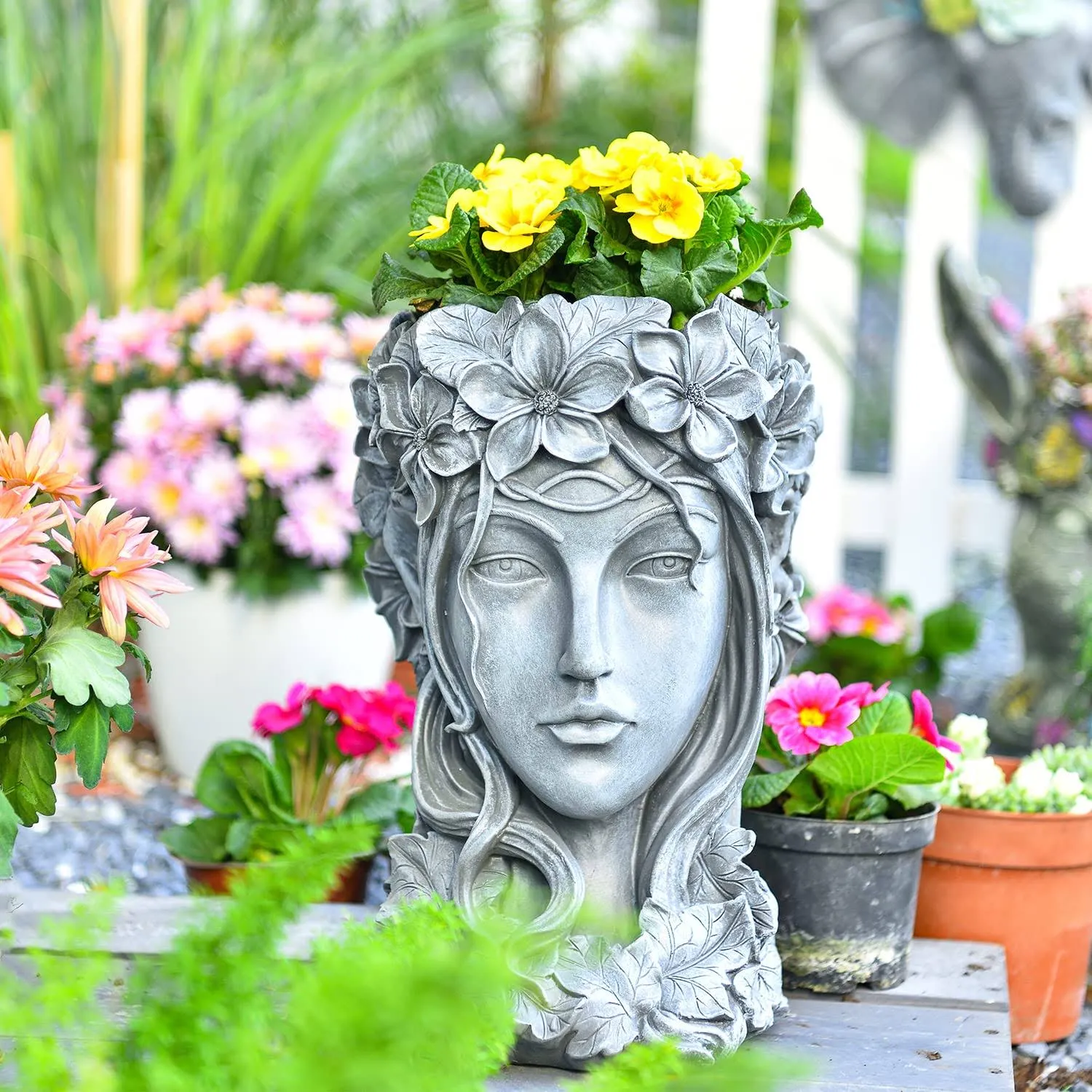 Sungmor Premium Resin Goddess Head Planter - 14/35cm Tall Large Flower Pot - Beauty Face Figurine Ornament Container - Decorative Plants Artificial