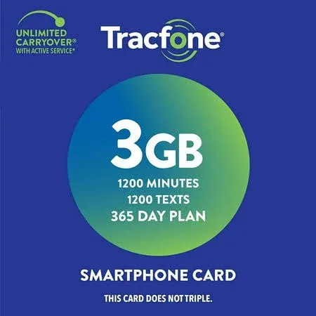 Tracfone $60 1200 Min, 1200 Text, 3 GB Data 365–Day Plan [Physical Delivery]