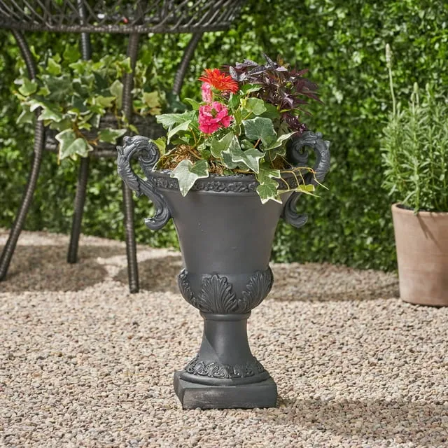 GDFStudio Chalice Garden Urn Planter, Roman, Botanical, Black Lightweight Concrete