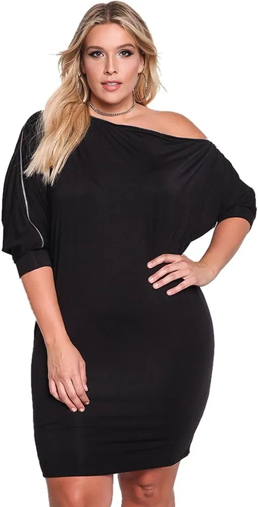 ROSIANNA Women's One Shoulder 3/4 Sleeves Bodycon Fitted Short Plus Size Dresses