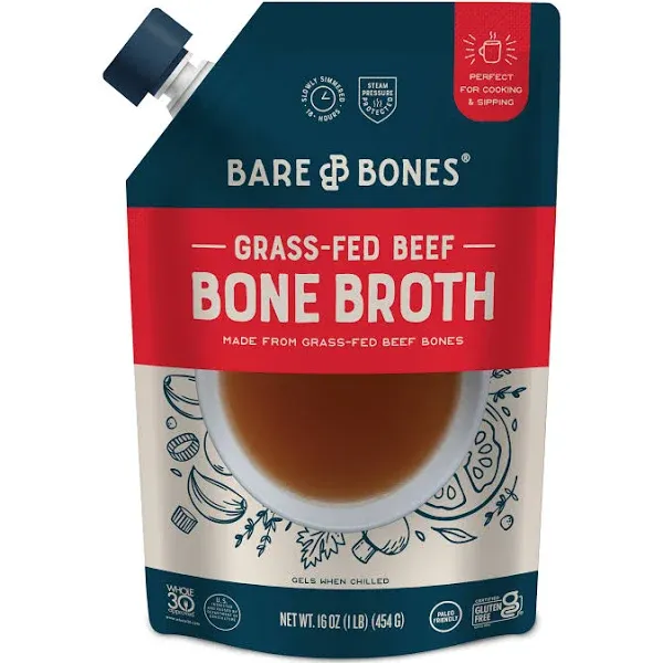 Bare Bones Beef Bone Broth for Cooking and Sipping, 16 oz, Pack of 12, 100% Grass-Fed, Protein and Collagen Rich, Keto Friendly